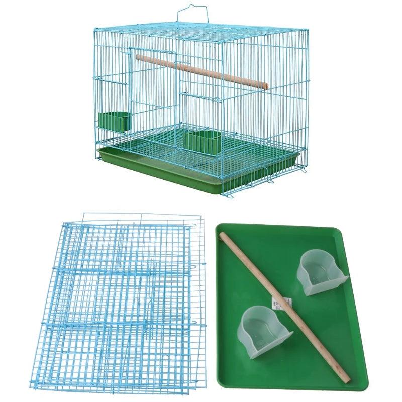 Wire Rectangular Small Cage for Small Birds and Canaries, bird Standing Stick and 2 Semicircular Feeders.