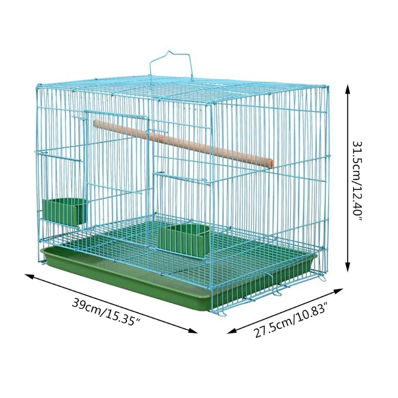 Wire Rectangular Small Cage for Small Birds and Canaries, bird Standing Stick and 2 Semicircular Feeders.