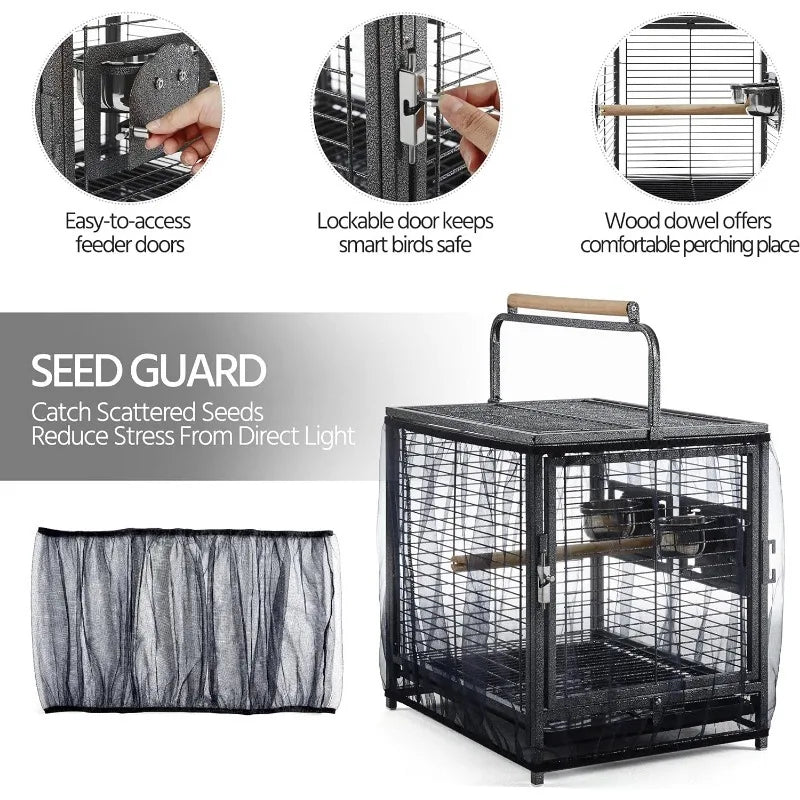 25.5'' Wrought Iron Bird Travel Carrier Cage Parrot Cage with Handle Wooden Perch & Seed Guard