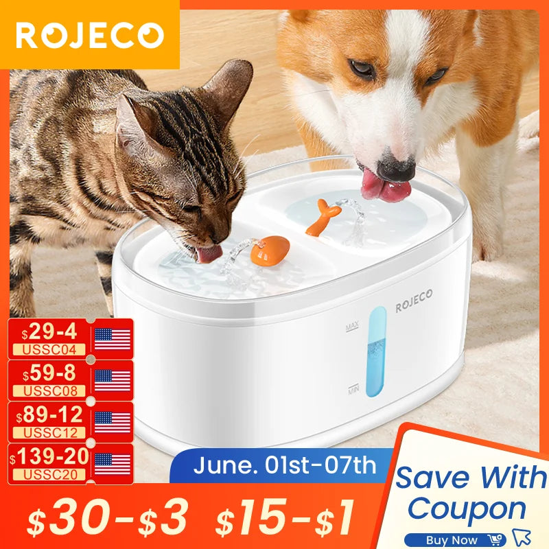 ROJECO Automatic Pet Water Fountain Dual Bowls Cat Water Dispenser.