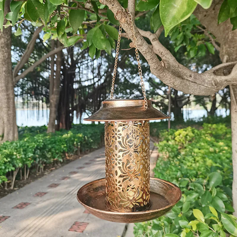 Outdoor Solar Powered Light Metal Suspended Bird Feeder Dual Purpose Feeding and Watering.