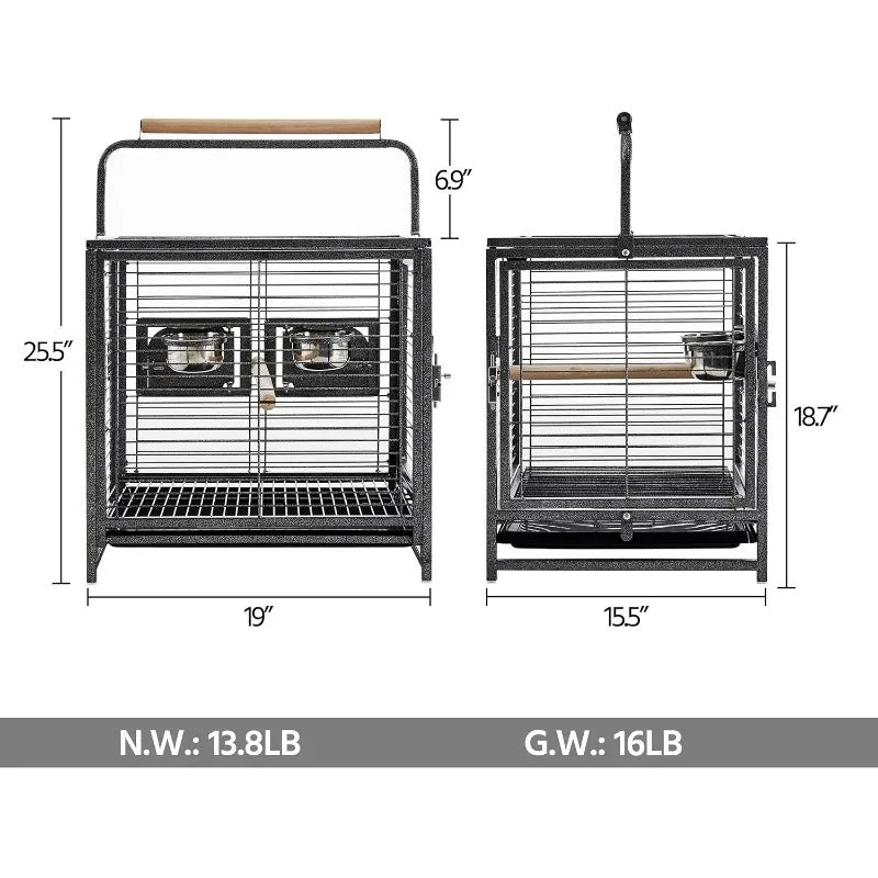 25.5'' Wrought Iron Bird Travel Carrier Cage Parrot Cage with Handle Wooden Perch & Seed Guard