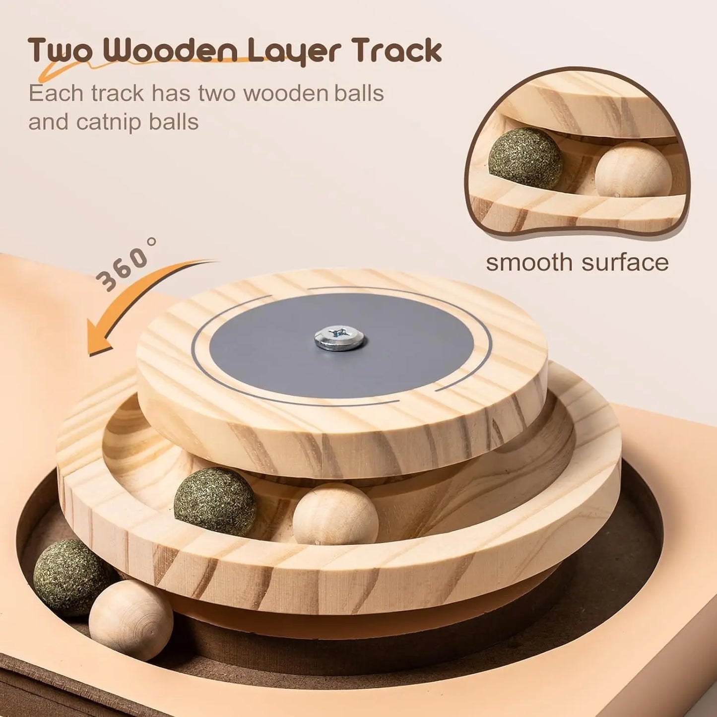 Sturdy Wood Cat Toy 2-layer Turntable & Play Track with Interactive Balls.