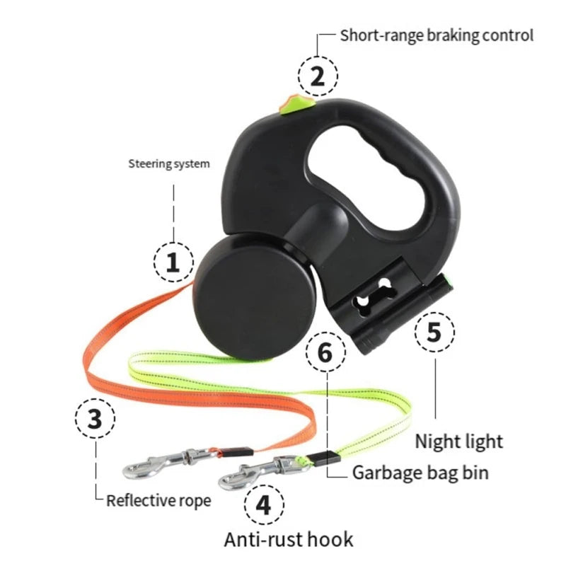 Self-retracting leash with LED light, dog walker with 360° swivel double-ended leash.