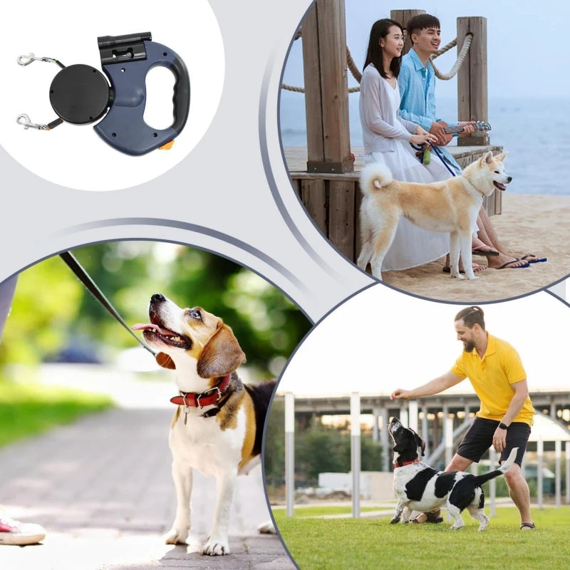 Self-retracting leash with LED light, dog walker with 360° swivel double-ended leash.