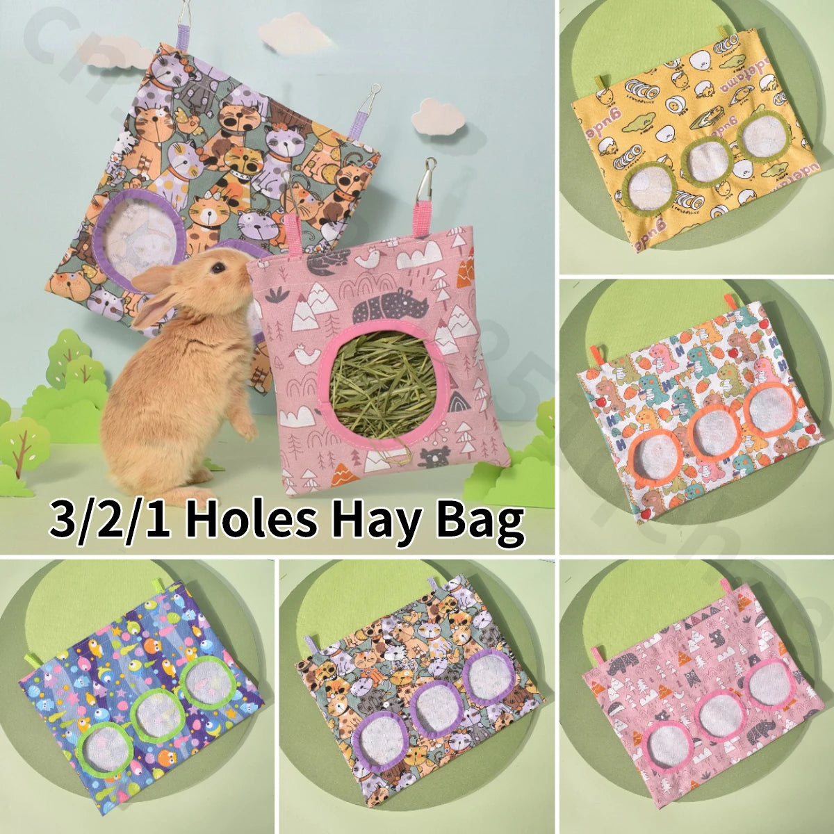 3/2/1 Holes Hanging Hay Bag for Bunny Guinea Pigs Small Pet Feeder.