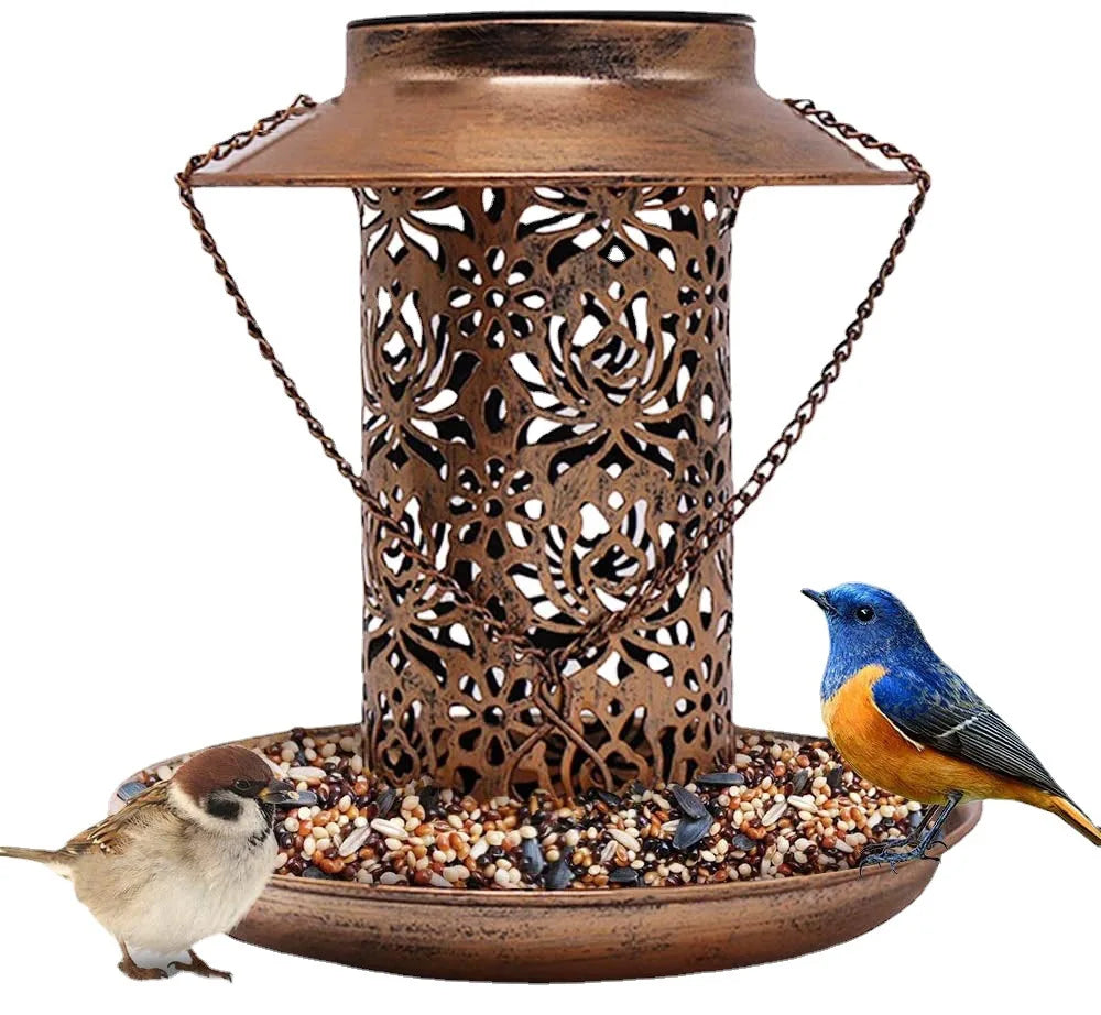 Outdoor Solar Powered Light Metal Suspended Bird Feeder Dual Purpose Feeding and Watering.