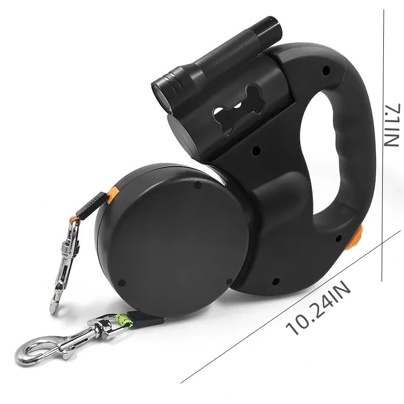 Self-retracting leash with LED light, dog walker with 360° swivel double-ended leash.