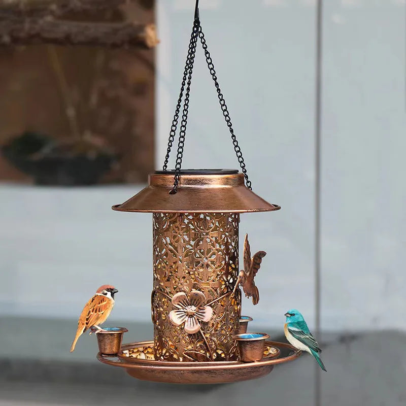 Outdoor Solar Powered Light Metal Suspended Bird Feeder Dual Purpose Feeding and Watering.