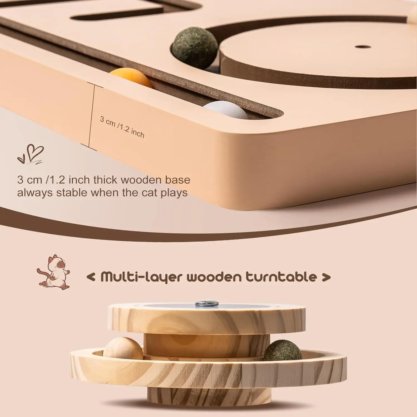 Sturdy Wood Cat Toy 2-layer Turntable & Play Track with Interactive Balls.