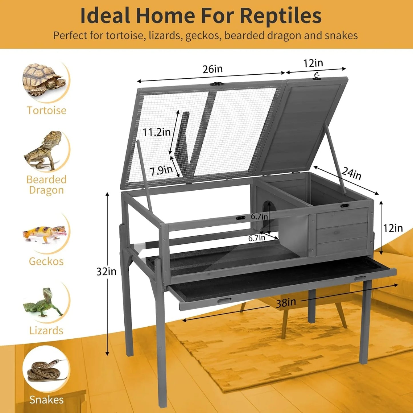 Indoor & Outdoor, Wooden Tortoise House with Detachable Legs, Reptile Cage for Small Animals.