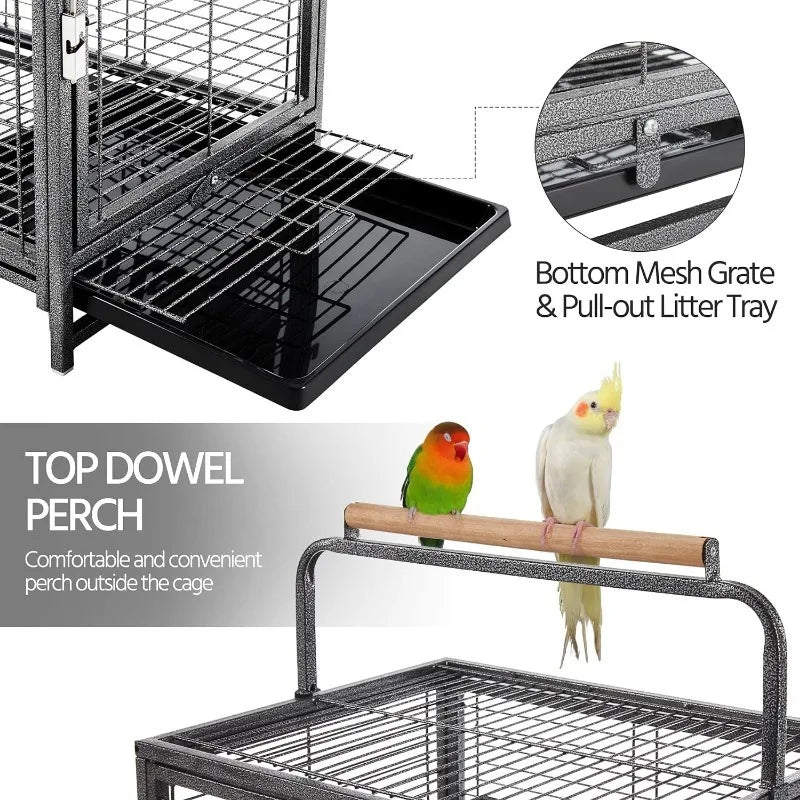 25.5'' Wrought Iron Bird Travel Carrier Cage Parrot Cage with Handle Wooden Perch & Seed Guard