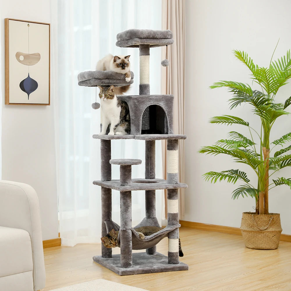 Multi-Level Cat Tree with Condo Scratching Posts Large Cat Tower with Hammock.