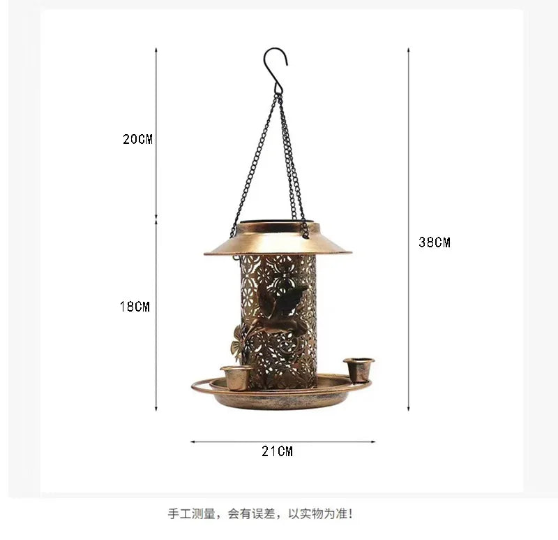 Outdoor Solar Powered Light Metal Suspended Bird Feeder Dual Purpose Feeding and Watering.