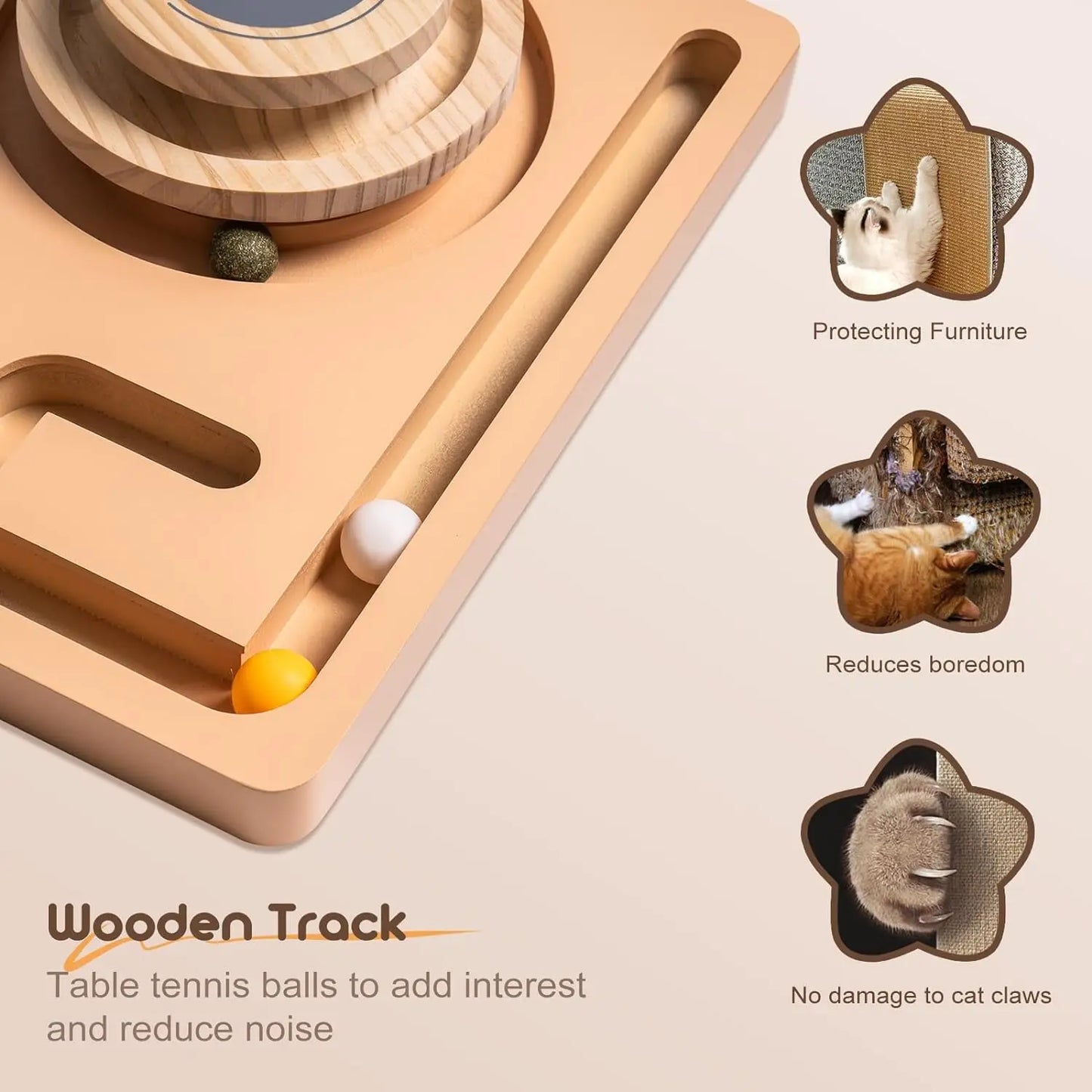 Sturdy Wood Cat Toy 2-layer Turntable & Play Track with Interactive Balls.