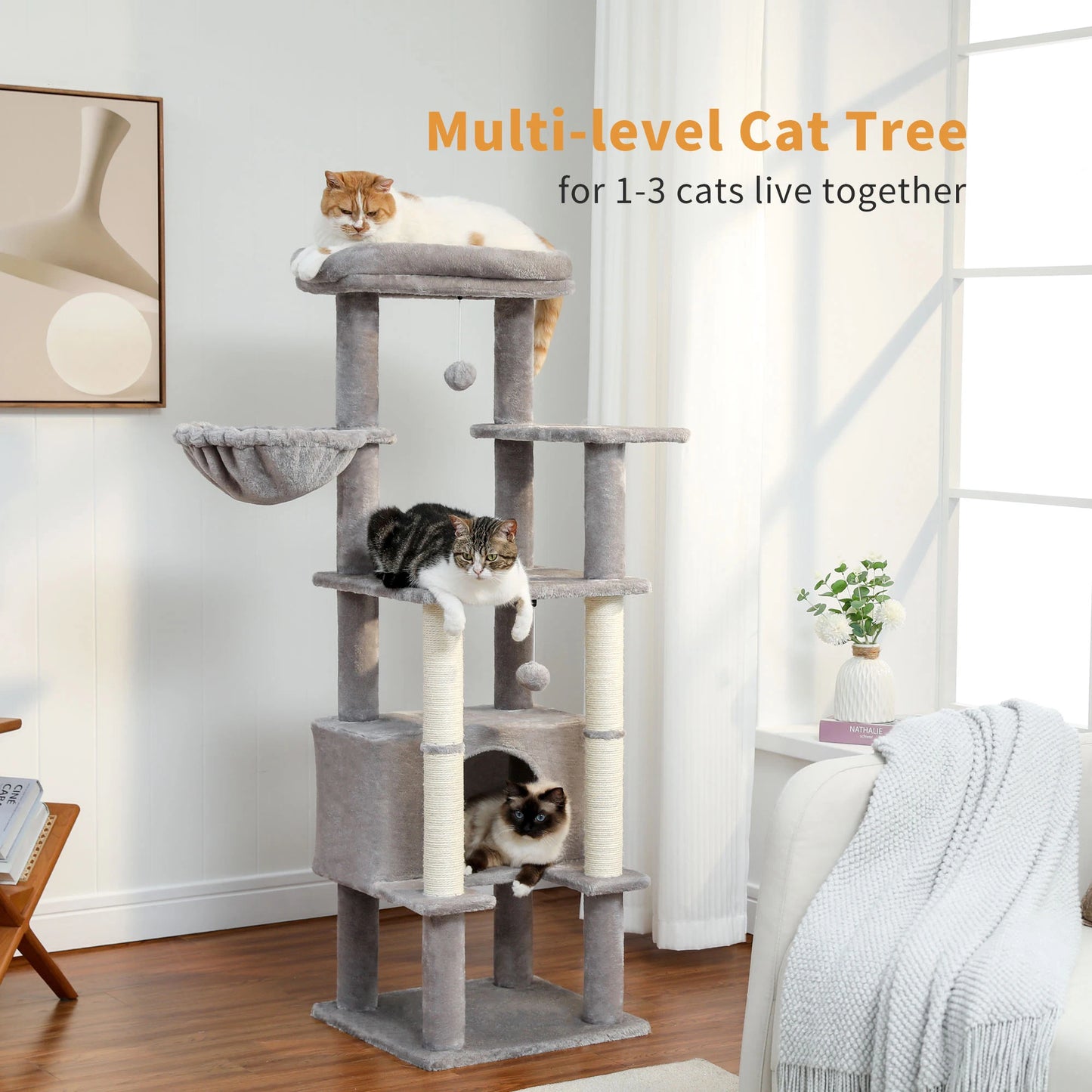 Multi-Level Cat Tree with Condo Scratching Posts Large Cat Tower with Hammock.