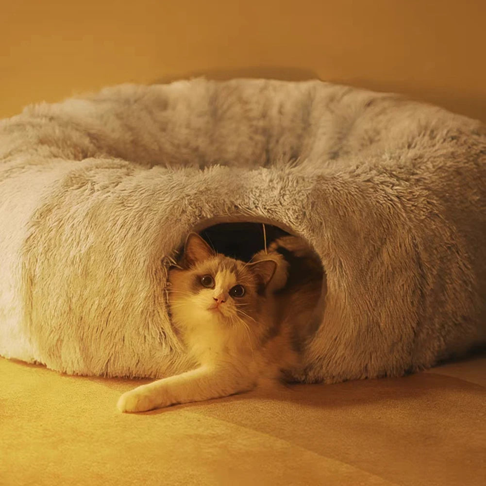 2 In 1 Round Cat Beds House Funny Cat Tunnel Toy Soft Deep Sleep Pet Nest