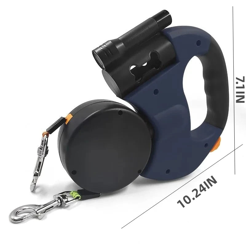 Self-retracting leash with LED light, dog walker with 360° swivel double-ended leash.