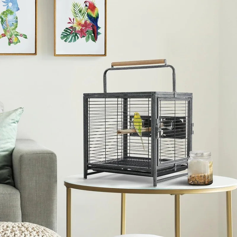 25.5'' Wrought Iron Bird Travel Carrier Cage Parrot Cage with Handle Wooden Perch & Seed Guard