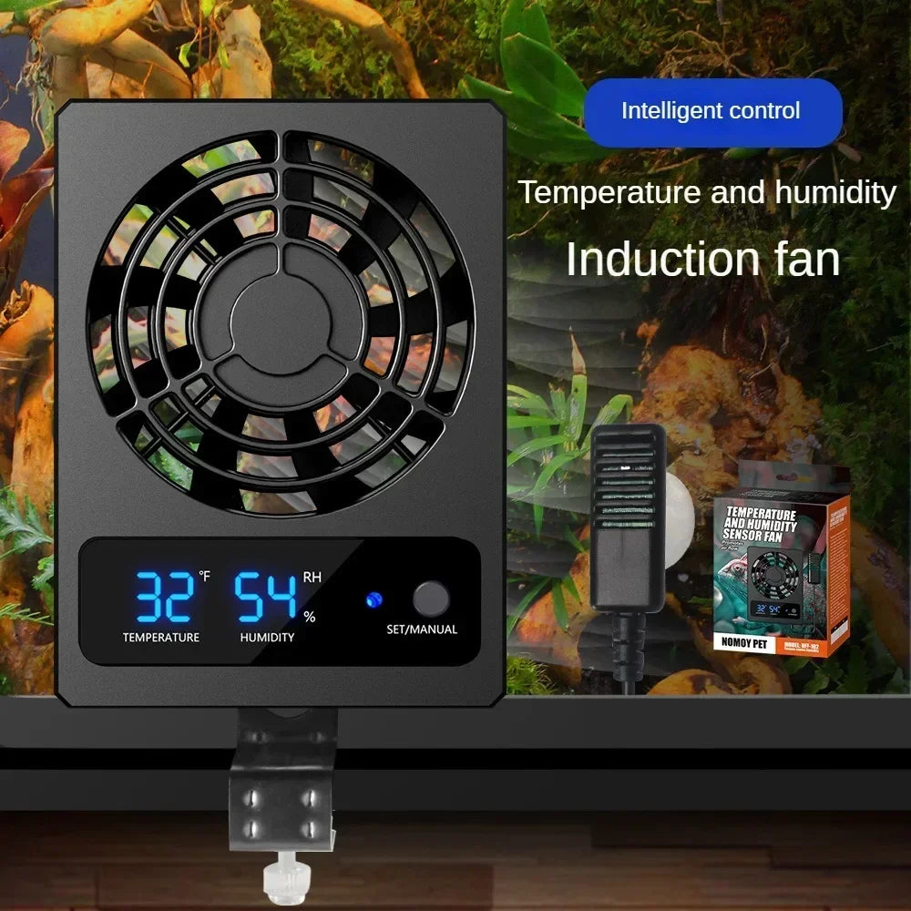 Reptile Enclosure Smart Cooling Fan With LED Display Amphibians Temperature Humidity Controlled,