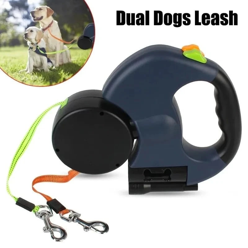 Self-retracting leash with LED light, dog walker with 360° swivel double-ended leash.