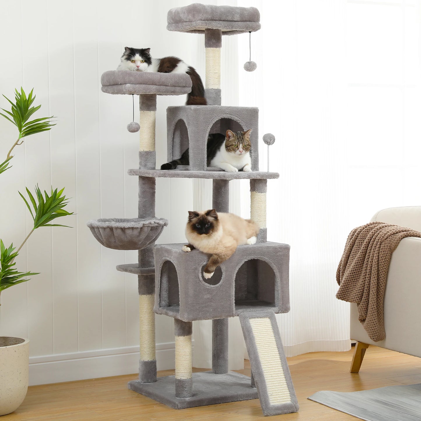 Multi-Level Cat Tree with Condo Scratching Posts Large Cat Tower with Hammock.